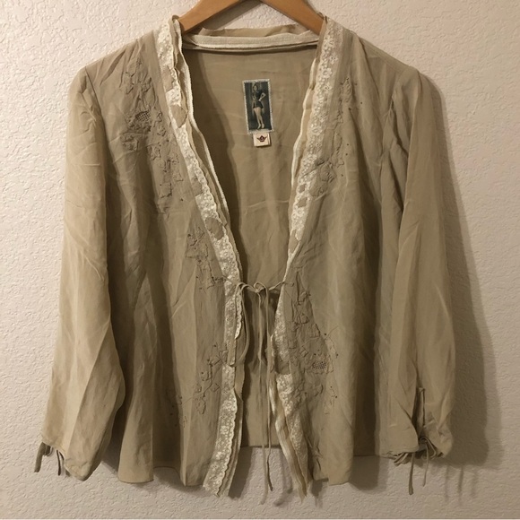 Burning Torch Western Embroidered, Beaded & Lace Boho Silk Cardigan - Size Large - Picture 1 of 8